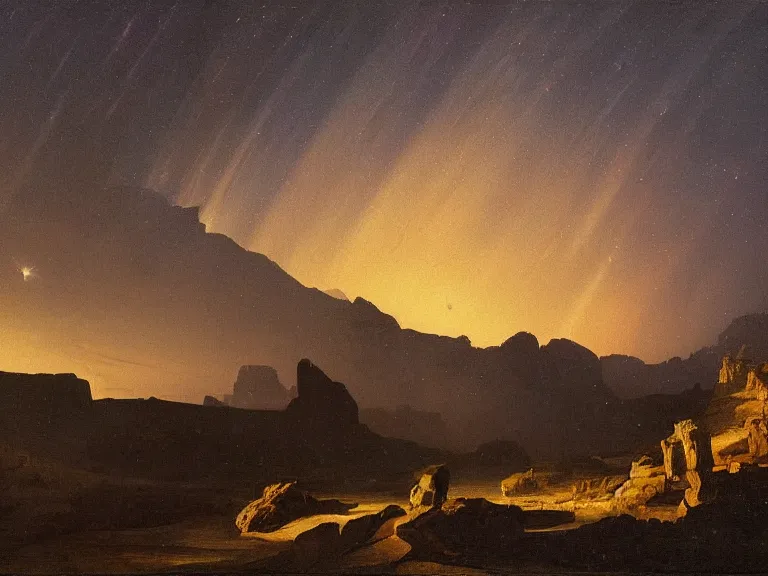 Image similar to an oil painting of a canyon on an alien planet with a distant mountain at dusk with aurora lighting up the sky by carl spitzweg and tuomas korpi. baroque elements, full-length view. baroque element. intricate artwork by caravaggio. Trending on artstation. 8k