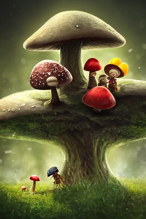 Prompt: Tiny humans fighting a mushroom monster, macro, dew drops, blade of grass, acorn, dramatic lighting, cinematic, establishing shot, extremely high detail, foto realistic, cinematic lighting, post processed, concept art, high details, cinematic, 8k resolution, beautiful detailed, photorealistic, digital painting, artstation, concept art, smooth, sharp focus, artstation trending, octane render, unreal engine