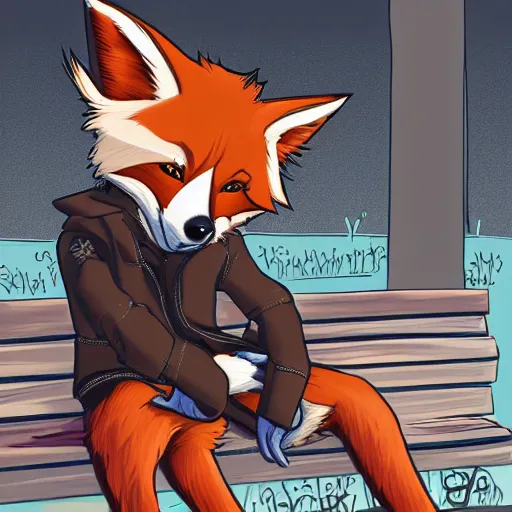 Image similar to a manly anthropomorphic fox wearing streetwear, sitting on a bench in a park, furry art, furaffinity, character design, 4k