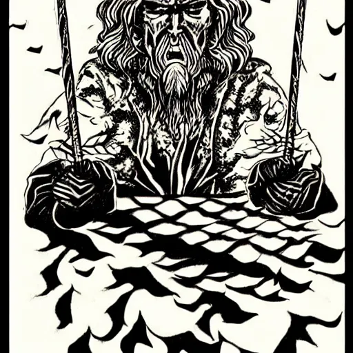 Image similar to black and white pen and ink!!!!!!! Twin Peaks Black Lodge goetic vampire handsome beard golden!!!! Vagabond!!!! floating magic swordsman!!!! glides through a beautiful!!!!!!! liquid magic floral crystal battlefield dramatic esoteric!!!!!! Long hair flowing dancing illustrated in high detail!!!!!!!! by Moebius and Hiroya Oku!!!!!!!!! graphic novel published on 2049 award winning!!!! full body portrait!!!!! action exposition manga panel black and white Shonen Jump issue by David Lynch eraserhead and beautiful line art Hirohiko Araki!! Rossetti, Millais, Mucha, Jojo's Bizzare Adventure