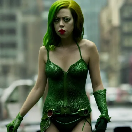 Image similar to film still of Aubrey Plaza as Poison Ivy in The Dark Knight, green skin, 4k