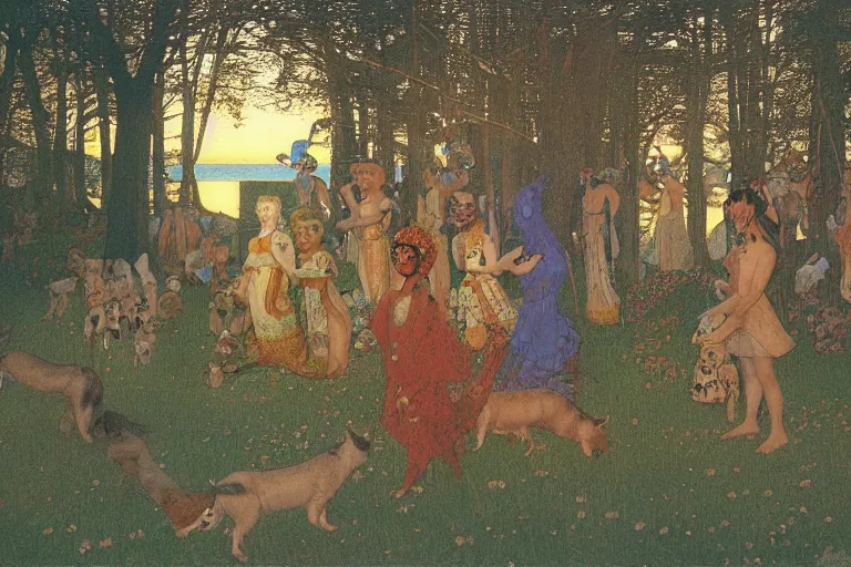 Image similar to autochrome of a midsummernight's dream renaissance forest festival at sunset with masks of wolves and sheep in the style of, jugendstil, alma tadema, vaughn bode and maxfield parrish, maurice sendak and arzach by moebius