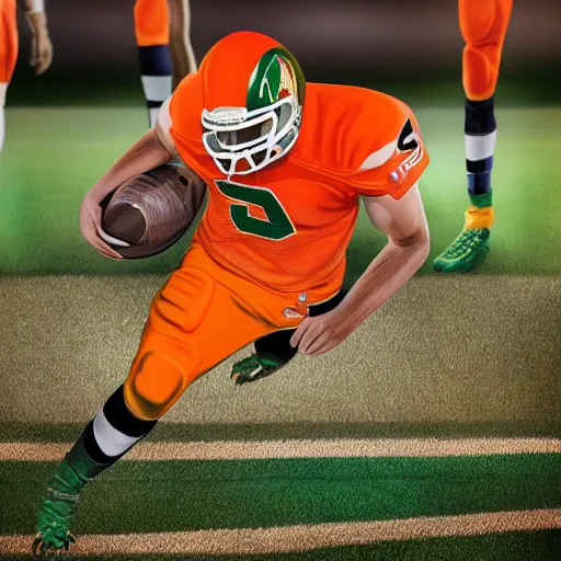 Prompt: realistic painting, an ibis wearing an american football jersey, orange and green color scheme, vivid colors, octane render
