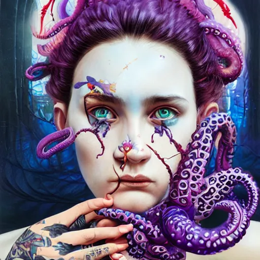 Image similar to art portrait of a furious girl with purple tentacles on her head, 8 k, by tristan eaton, stanley artgermm, tom bagshaw, greg rutkowski, carne griffiths, trending on deviantart, face enhance, hyper detailed, full of colour