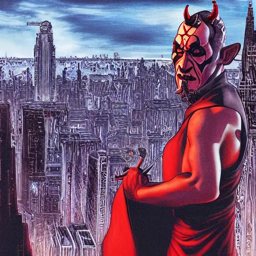 Image similar to Darth Maul overlooking coruscant, artwork by tim burton