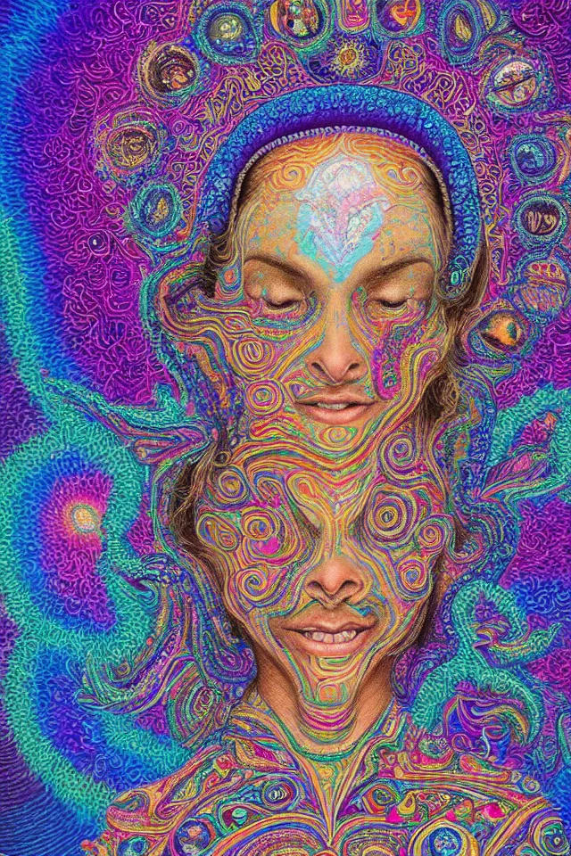 Image similar to a happy beautiful wise spirit goddess in the shape of a heart, meditation, 3 2 k resolution, good vibes, perfect lighting, billions of details, made out of small cubes of love, pointillism, fabric embroidery, stunning psychedelic artwork, android jones, chris dyer, alex grey, trending on artstation, award winner