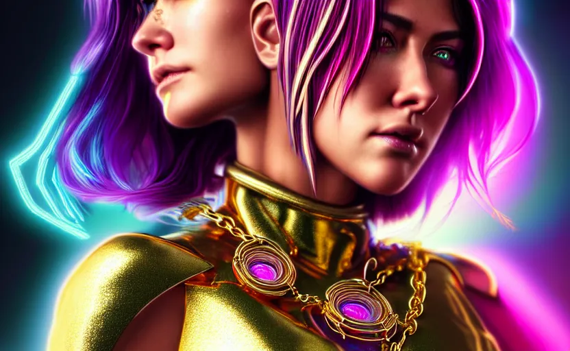 Prompt: hyperdetailed portrait of a stunningly beautiful cyberpunk jennifer anniston with short dark hair guard made of iridescent metals and shiny pink gems, bright rainbow nimbus, gold necklace, gold background inspired by ross tran and masamune shirow and kuvshinov, intricate, photorealistic, octane render, rtx, hdr, unreal engine, dnd digital art by artgerm