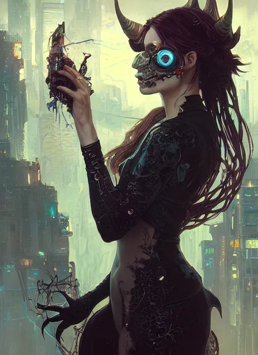 Image similar to a beautiful illustration of a cyberpunk witch with horns in head, intricate, sharp focus, illustration, highly detailed, digital painting, concept art, matte, art by wlop and artgerm and greg rutkowski and alphonse mucha, masterpiece