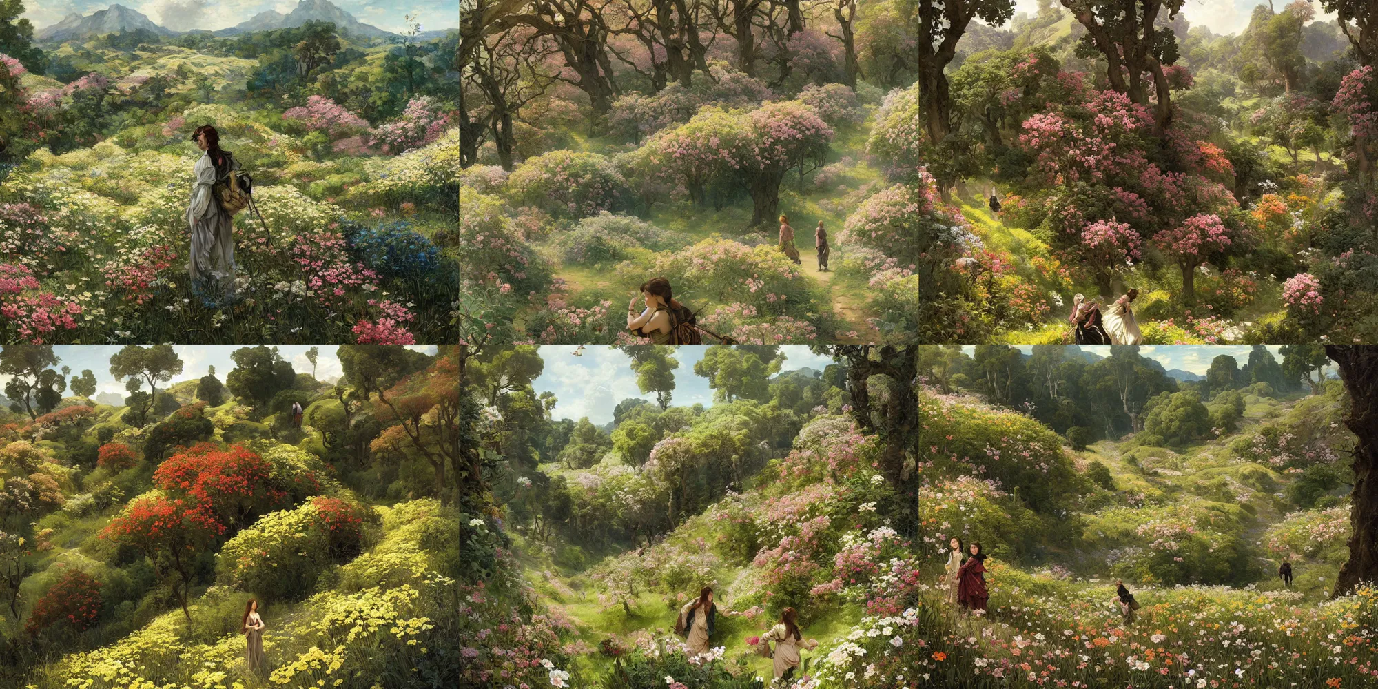 Prompt: a valley with trees in flower. on first plan wind blow petals toward us. full - length, oil painting in a modern style, very detailed, painted by caravaggio, greg rutkowski, sachin teng, thomas kindkade, alphonse mucha, norman rockwell, tom bagshaw.