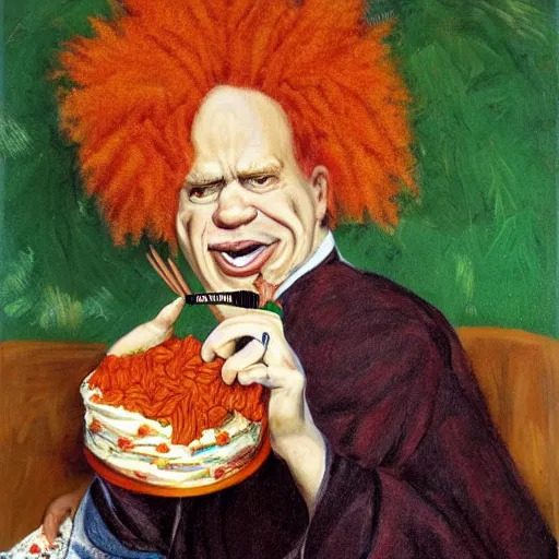 Image similar to Masterpiece Portrait of carrot top, Eating birthday cake, dressed thobe, Ghutra and Egal