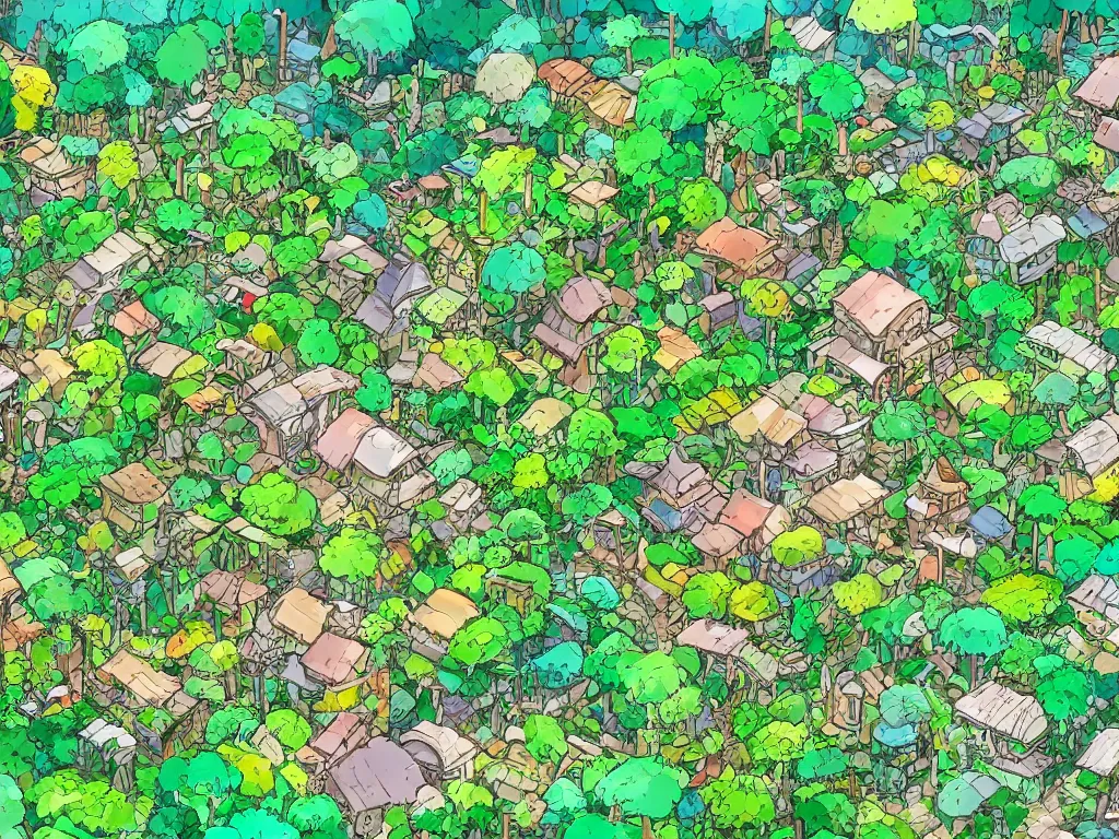 Prompt: a microscopic village in the deep jungle, studio ghibli, anime, flat colors, 8 k wallpaper, trending on artstation