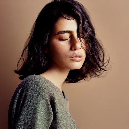 Prompt: Portrait photo of a beautiful supermodel posed in profile, beautiful bone structure, long dark hair, olive skin, eyes closed, natural makeup, studio lighting, highly detailed, cinestill 800t