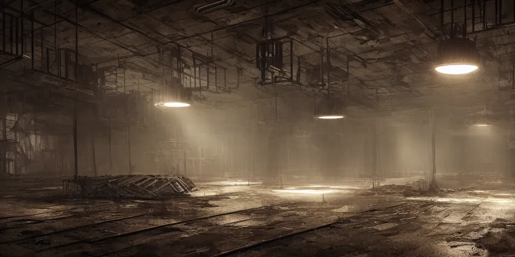 Image similar to inside of an underground factory with grates, ladders, walkways, doors, ominous, dark, bleak, atomspheric lighting, cinematic lighting, matte painting, movie concept art, rendered in octane, in the style of bladerunne 2049, dystopian, sci fi, v-ray, extreme wide shot, extreme long shot,