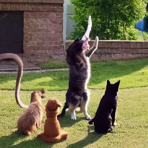 Image similar to dog doing nazi salute in front of cats