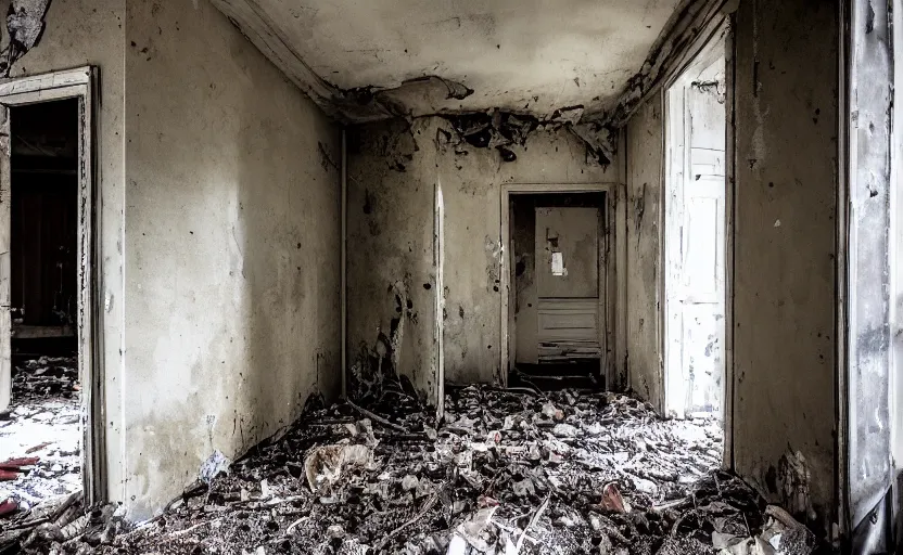Image similar to high quality photo of a monster in the hallway of an old abandoned victorion house