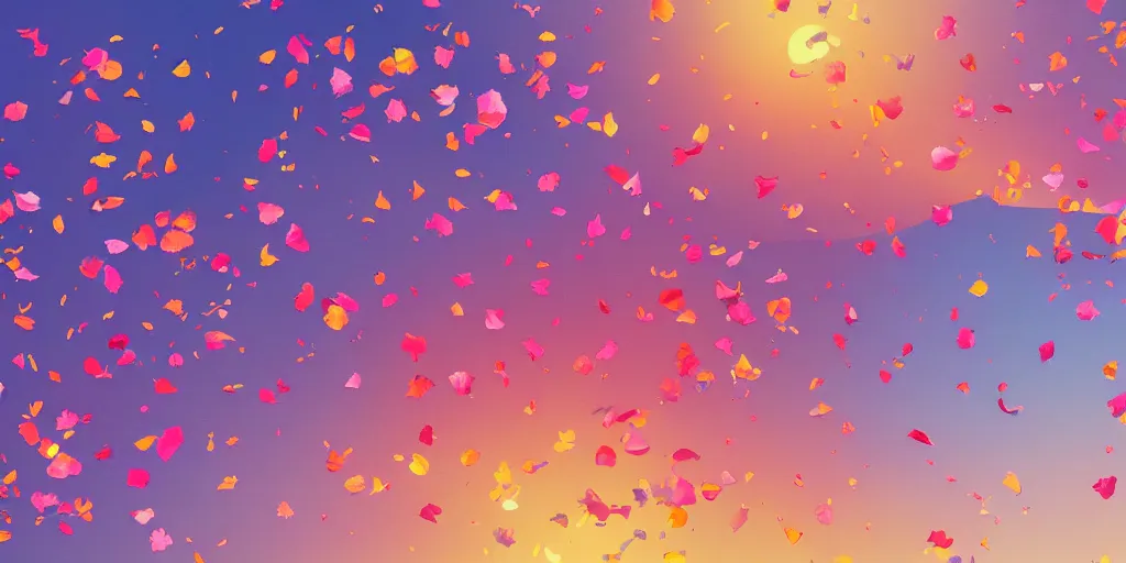 Image similar to background art of spaciously scattered flower petals flowing and floating through the blowing wind from left to right on a simple sunset background, large individual rose petals, angular background elements, polygonal fragments, anime, artgerm, manga, trending on artstation, art nouveau, mature color scheme