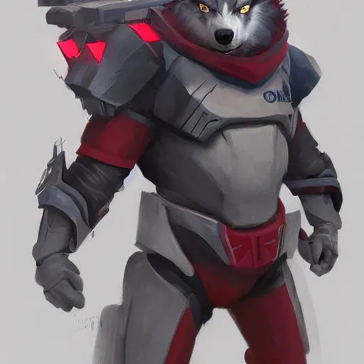 Prompt: portrait of wolf o'donnell from starfox wearing a red and dark grey space mercenary suit, artstation, greg rutkowski, gregory manchess, greg hildebrandt, concept art, furry trending on furaffinity, wolf o'donnell