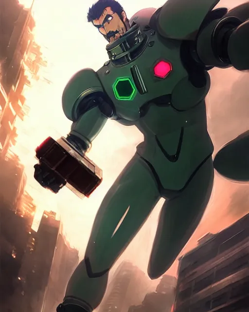 Image similar to gigachad luigi charging ultimate attack fighting a scifi mech like one punch man wearing a suit in the city, fantasy character portrait, ultra realistic, anime key visual, concept art, intricate details, highly detailed by greg rutkowski, ilya kuvshinov, gaston bussiere, craig mullins, simon bisley