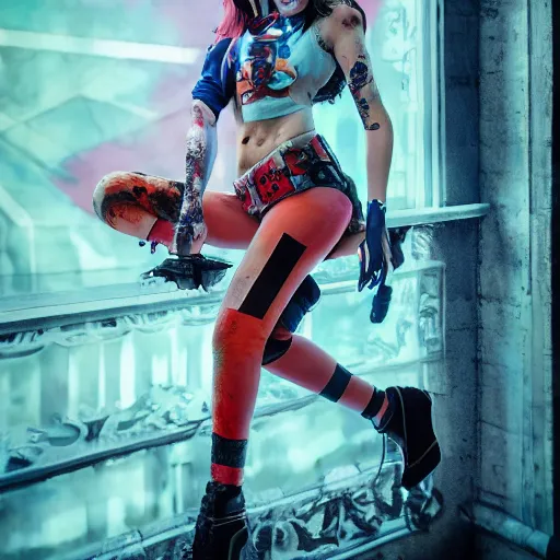 Image similar to full body pose, hyperrealistic mixed media painting of a harley quinn, dim volumetric lighting, 8 k, octane beautifully detailed render, extremely hyper detailed, intricate, epic composition, cinematic lighting, masterpiece, trending on artstation, very very detailed, masterpiece, stunning, hdr, smooth, sharp focus, high resolution, award, winning photo, dslr, 5 0 mm