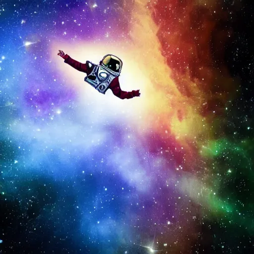 Image similar to an astronaut floats in a colorful nebula