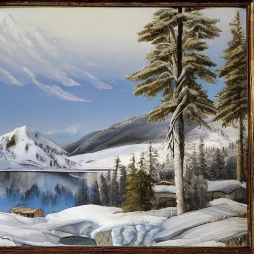 Image similar to This painting shows a winter scene in a mountainous area. The snow is thickly piled against the trees, which are reflected in the surface of the frozen lake. The mountain peak is in the distance, and the sky is painted in a swirling pattern of grey and white clouds