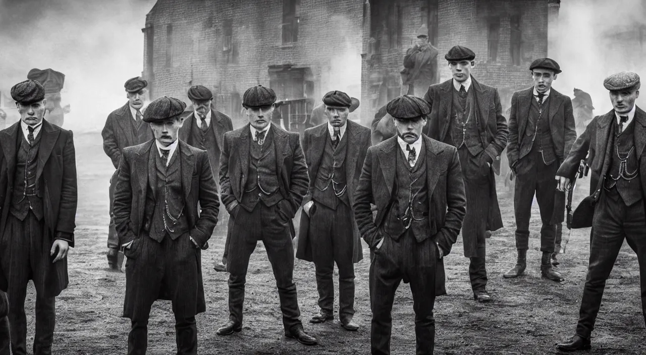 Prompt: a scene from peaky blinders, medium long shot, 3 / 4 shot, full body picture of cillian murphy, tom hardy, leonardo dicaprio, sharp eyes, serious expressions, detailed and symmetric faces, black and white, epic photo by talented photographer ansel adams,