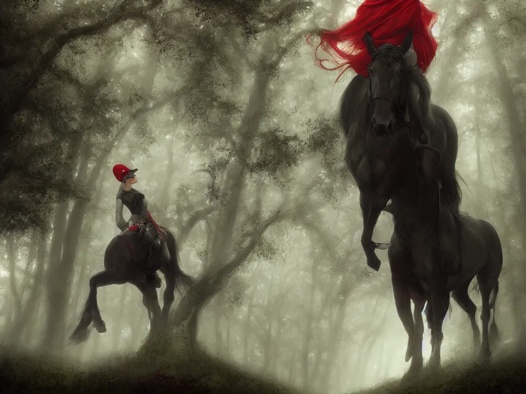 Prompt: a female beauty wearing a red cap rides through a dense green oak and beech forrest on a strong black horse, rays of life, cinematic, fantasy art, moody evening light, foggy, trending on artstation, by esao andrews, by naoto hatori, by tyler jacobson