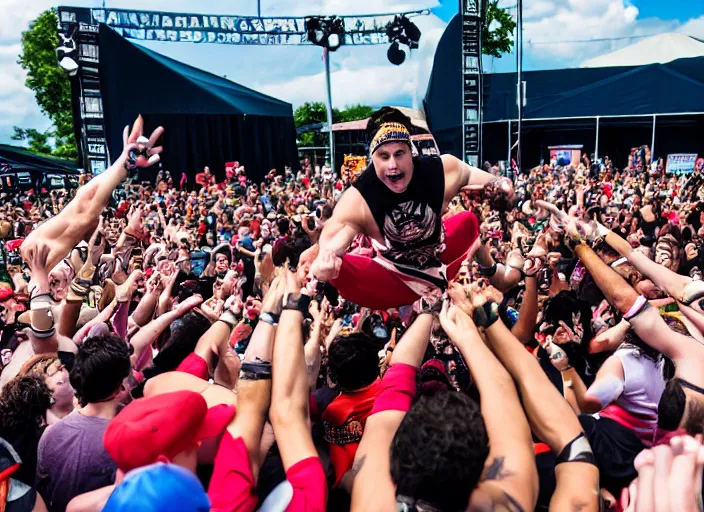 Image similar to photo still of putties from power rangers at the vans warped tour!!!!!!!! at age 3 6 years old 3 6 years of age!!!!!!!! stage diving into the crowd, 8 k, 8 5 mm f 1. 8, studio lighting, rim light, right side key light