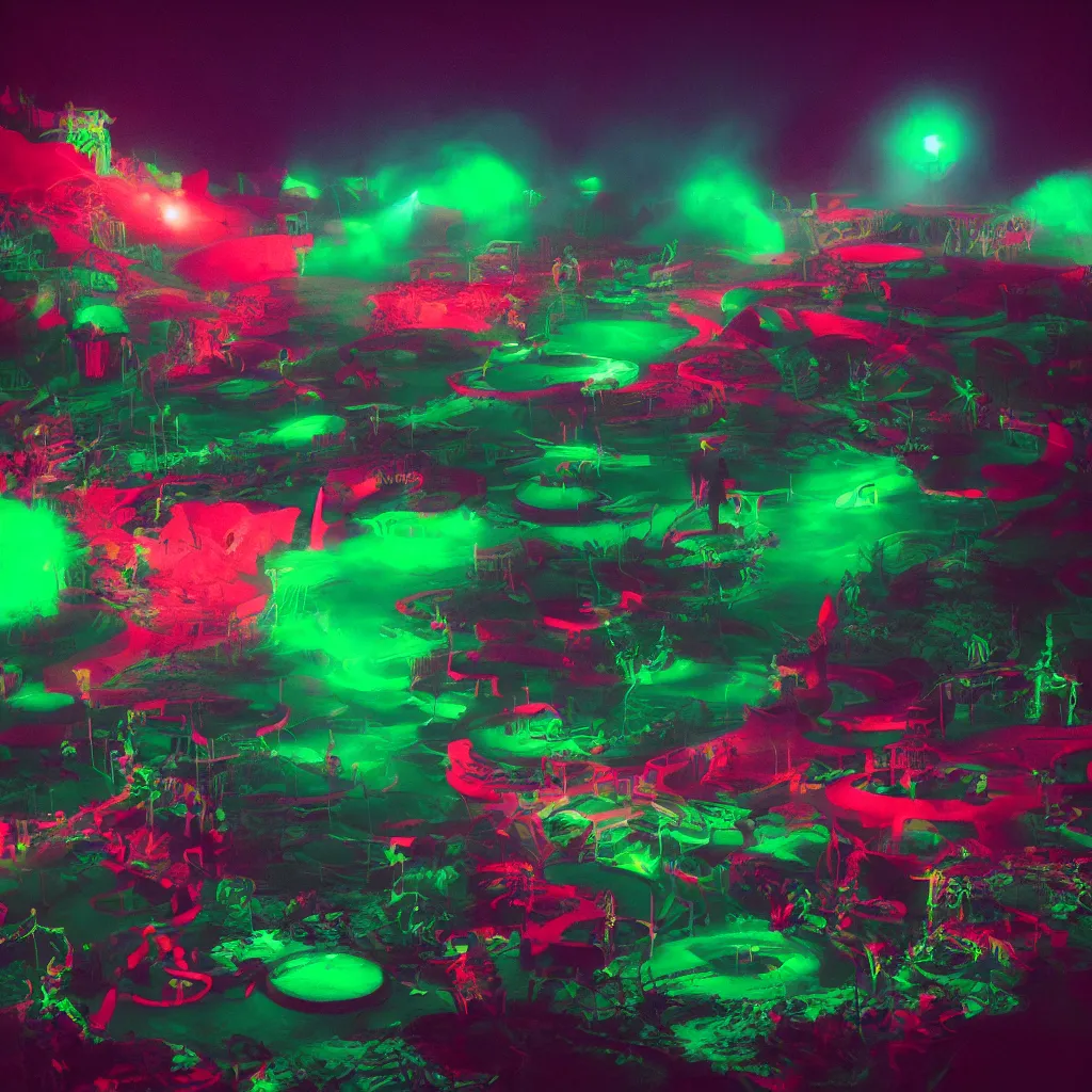 Image similar to rave club in the red pond at night, green laser, light art, photo by reuben wu, jenni pasanen, epic composition, hd, octane, volumetric lighting, masterpiece,