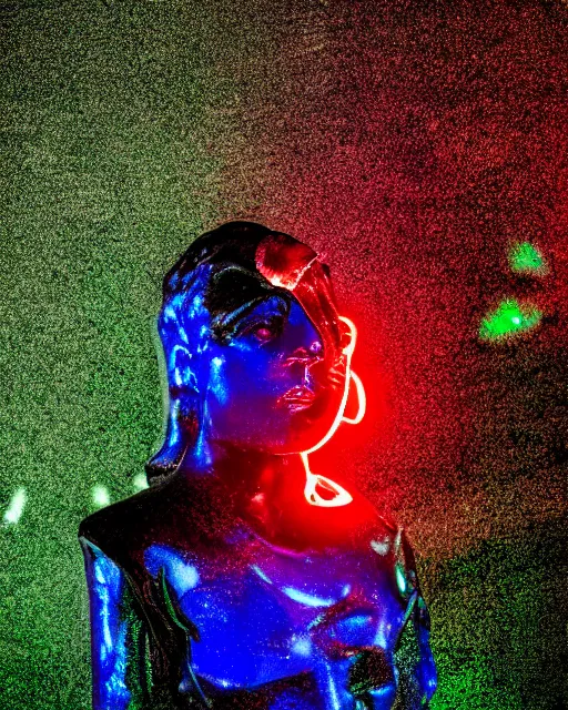 Image similar to dramatic cyberpunk portrait of a metallic marble statue, crystalline, red glow, green glow, blue glow, atmospheric haze, intense shading, chromatic aberration, glitch, backlit, bokeh, centered