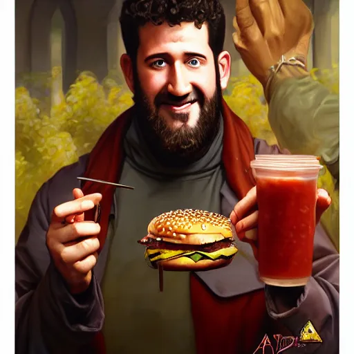Prompt: portrait of dustin diamond eating hamburgers, extra onions and ketchup, luscious patty with sesame seeds, feminine ethereal, handsome, d & d, fantasy, intricate, elegant, highly detailed, digital painting, artstation, concept art, matte, sharp focus, illustration, art by artgerm and greg rutkowski and alphonse mucha