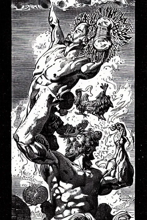 Prompt: 19th century wood-engraving of a muscular man with the head of a chicken and a flaming Ankh symbol floating in front of him, whole page illustration from Jules Verne book titled Stardust Crusaders, art by Édouard Riou Jules Férat and Henri de Montaut, high quality, beautiful, highly detailed, removed watermarks