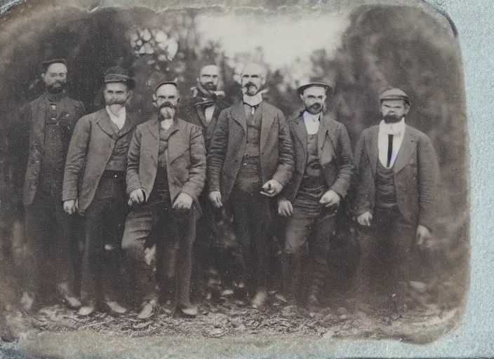 Image similar to tintype photo a group of men with a woolly mammoth