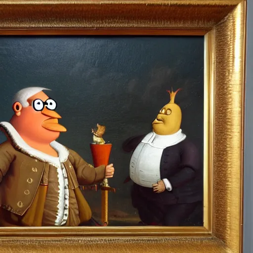 Image similar to dutch golden age painting of peter griffin and a giant chicken standing next to each other in an office, very intricate, very detailed, 8 k,