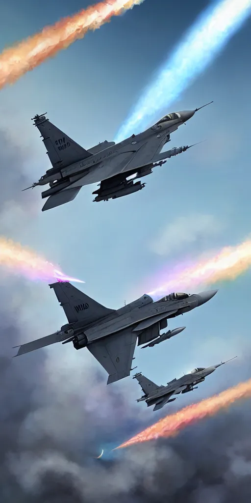 Image similar to f - 1 6 flyby in the style of greg rutkowski and wlop, and lisa frank, and bob ross, and ruan jia, illustration, epic, military aviation, hyper detailed, smooth, unreal engine, sharp focus, ray tracing