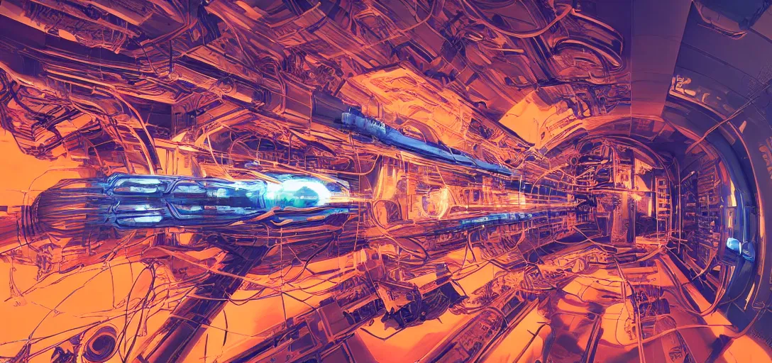 Prompt: epic sci - fi mothership interior and exteror - machinery, tubes wires path intricate high detail matte painting masterpiece orange blue warm tones quiet