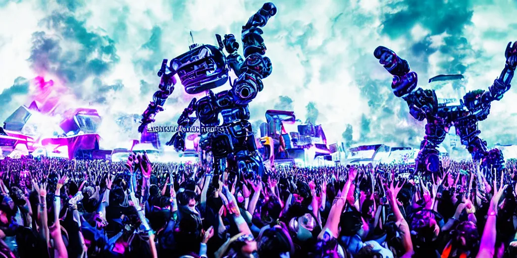 Prompt: the year of 2 0 4 9, the coolest + future + end of the world + edm show, 1 0 0 0 0 peoples watch the dj lives, huge digital robot on the middle of the stage, dance music show, maximum detailed, 2 4 mm fob lens, wide angle,