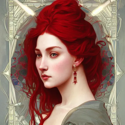 Image similar to portrait of red queen, intricate, elegant, highly detailed, digital painting, artstation, concept art, smooth, sharp focus, illustration, art by artgerm and greg rutkowski and alphonse mucha and william - adolphe bouguereau