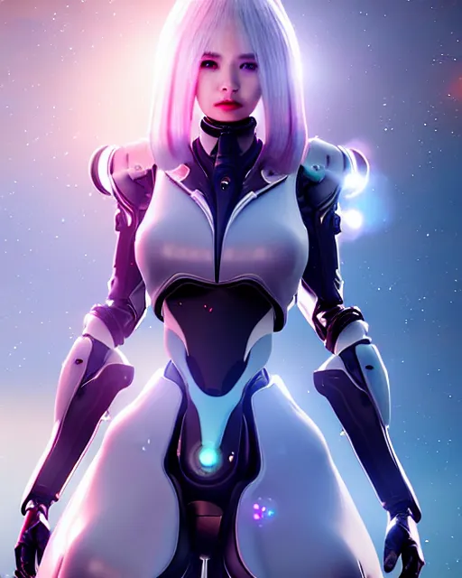 Image similar to perfect android girl family, full body character design, warframe armor, beautiful face, scifi, futuristic, galaxy, nebula, bae suzy, dreamy, long white hair!!!, blue eyes, bold fashion and strong silhouettes, cinematic lighting, highly detailed, artstation, divine, by huifeng huang, smooth gradient.