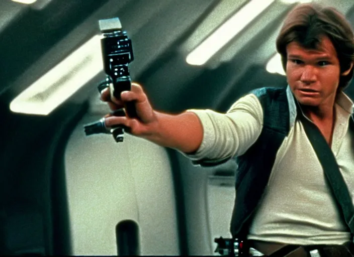 Prompt: screenshot of portrait Han Solo shooting his laser blaster, iconic scene from 1970s film by Stanley Kubrick, the lost Star Wars Film, moody hazy lighting, stunning cinematography, hyper-detailed, crisp, anamorphic lenses, kodak color film stock, 4k