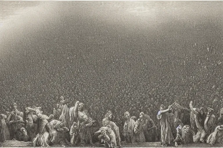Image similar to aerial view, crowd of people looking up, Gustave Dore lithography