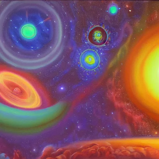 Prompt: a painting of the dream space as viewed by an astral monk on his many travels through the cosmos, psychedelic