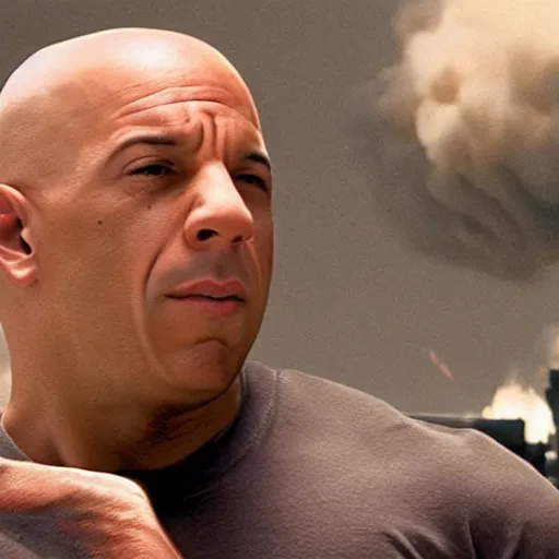 Prompt: Action scene from Mr. Clean with Mr. Clean played by Vin Diesel. Vin Diesel attempts to clean the floor despite multiple explosions and shots. Cinematic, technicolor, crisped colors, highly intricate