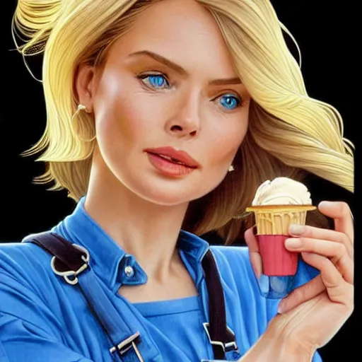 Image similar to portrait of a blonde fuller figured middle aged barbara bach from the bond film wearing blue dungarees and eating ice creams with michael mcintyre wearing a blue shirt and chinos in porto, real life skin, intricate, elegant, highly detailed, artstation, concept art, smooth, sharp focus, art by artgerm and greg rutkowski and alphonse mucha