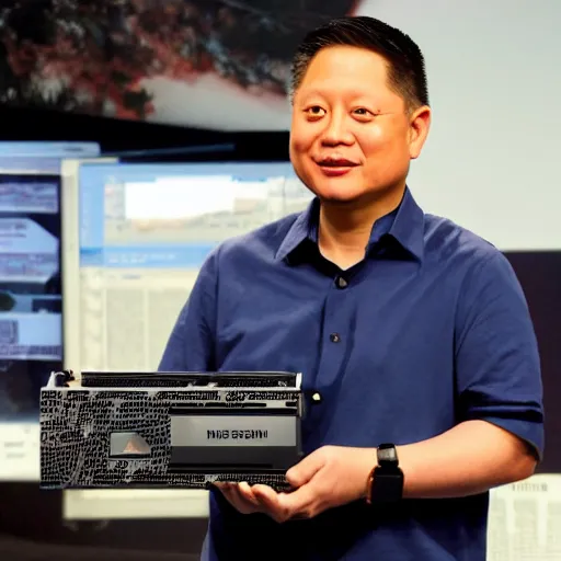 Prompt: Jensen Huang holding an AMD GPU