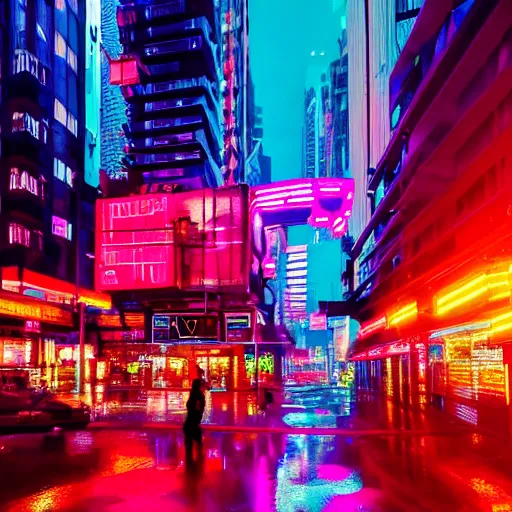 Prompt: cyberpunk city scene at night with colorful neon lit rainy streets and signs with a flamingo, film still