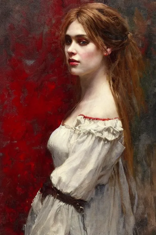 Prompt: Solomon Joseph Solomon and Richard Schmid and Jeremy Lipking victorian genre painting full length portrait painting of a young beautiful woman traditional german french actress dancer in fantasy costume, red background