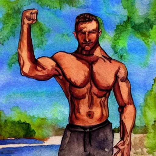 Image similar to muscular man by the river, water color painting