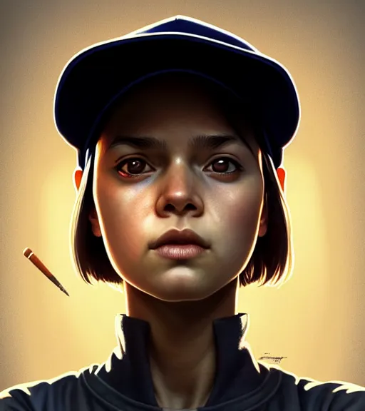 Image similar to symmetry ( clementine from the walking dead wearing her iconic baseball ( letter d ) hat portrait ) ultra detailed, intricate, anime, dynamic lighting, digital art, digital painting, art station, wlop, sharp focus, illustration, art by artgerm and greg rutkowski and alphonse mucha