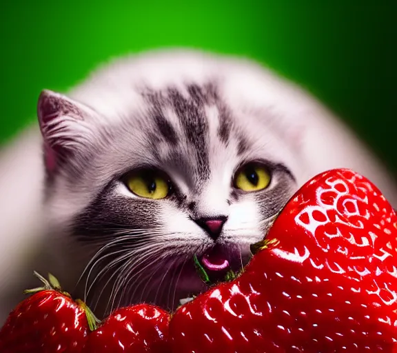 Prompt: a baby cat sneezing onto a strawberry, detailed, macro, studio light, droplets, backlit ears